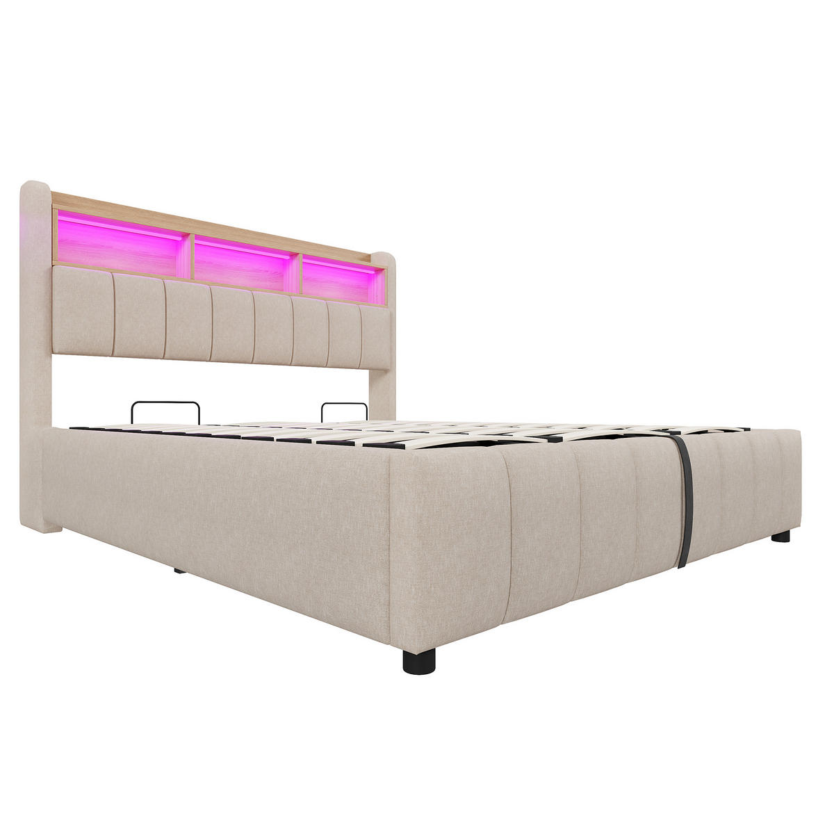 STAURRAUMBETT 180/200 cm DE-01949, in Beige, mit LED, USB und hydraulischer Lagerung - Beige, Metall (180/200cm) - ComfortXL