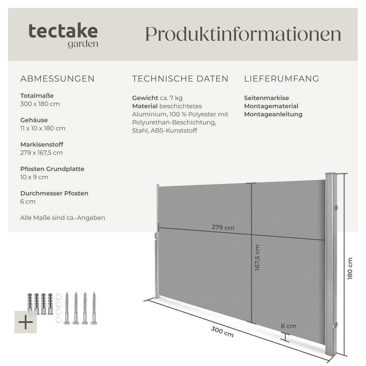 SEITENMARKISE ,180 x 300 cm,grau - Grau, Textil (180/10cm) - tectake