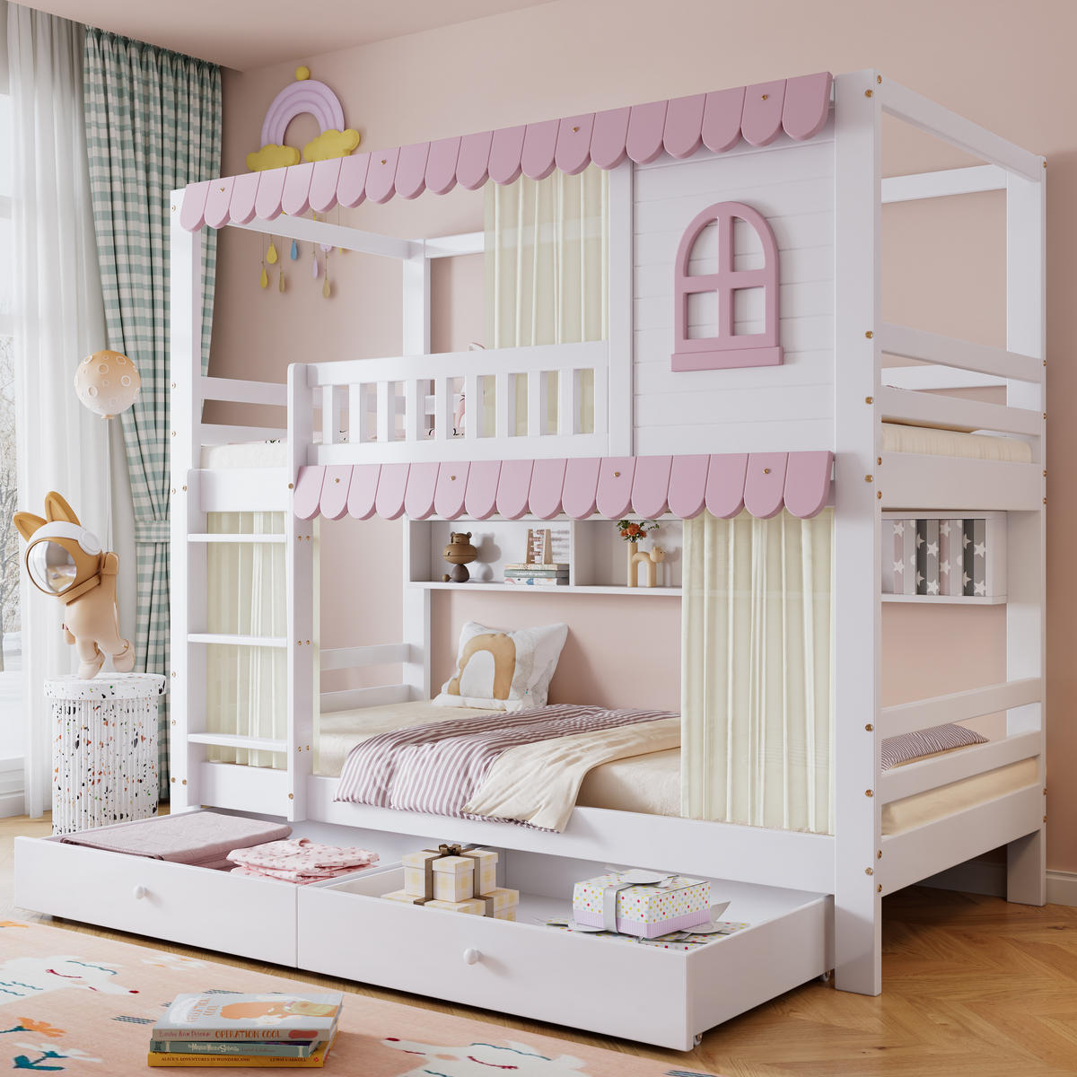 ETAGENBETT Kinder 90x200 Weiß+Rosa mit Fenster, Vorhängen und Stauraum - Weiß, Holz (90/200cm) - ComfortXL