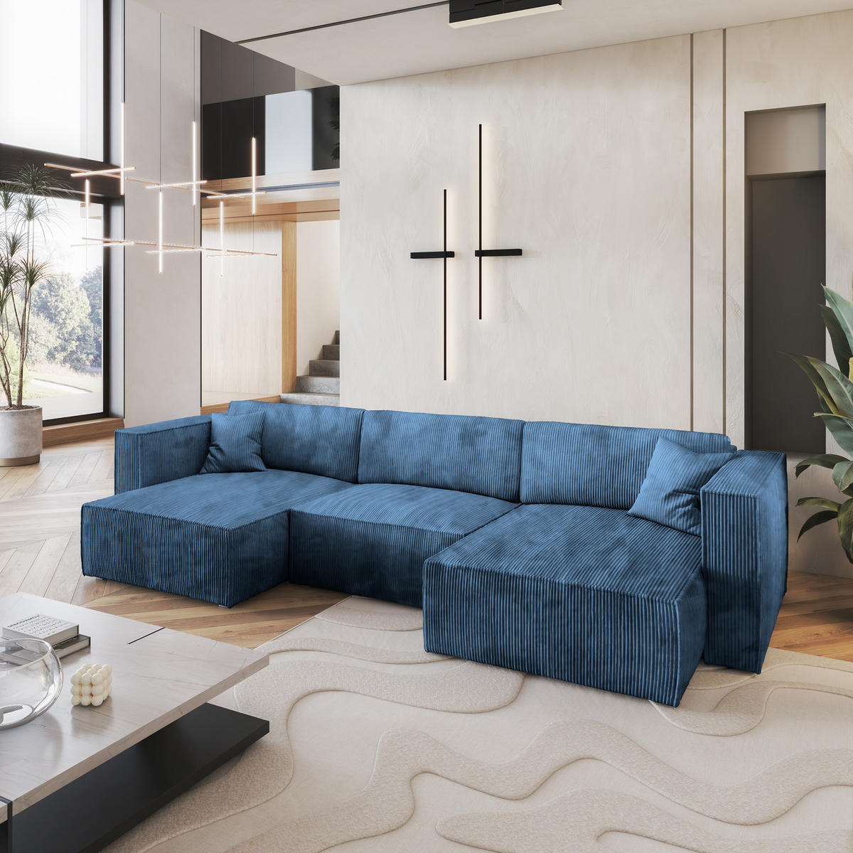 WOHNLANDSCHAFT SARMO P Blau Kordstoff mit Schlaffunktion - Blau, Holz (347/70/148cm) - MASSENO