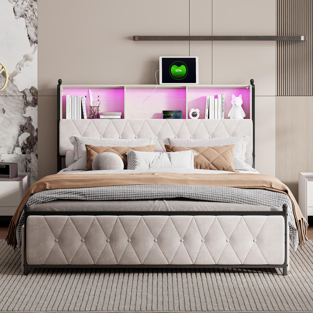 POLSTERBETT 140x200 cm, Beige, LED-Beleuchtung und USB-Typ-C, Samt - Beige, Textil/Metall (140/200cm)