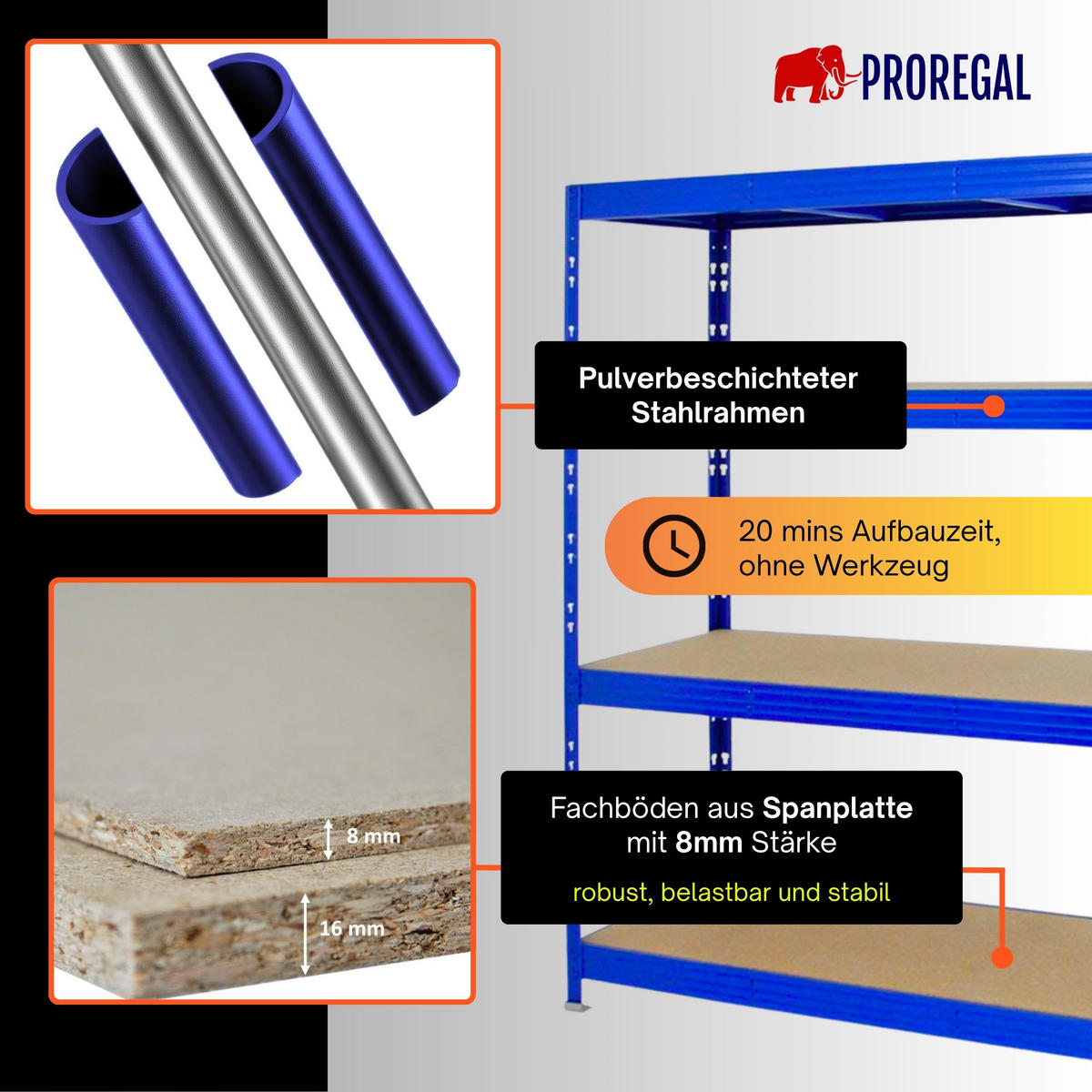 SCHWERLASTREGAL Rhino 180x160x60 cm 4 Spanplatten-Ebenen 8mm Fachlast 500 kg Blau - Blau, Metall (160/180/60cm) - PROREGAL