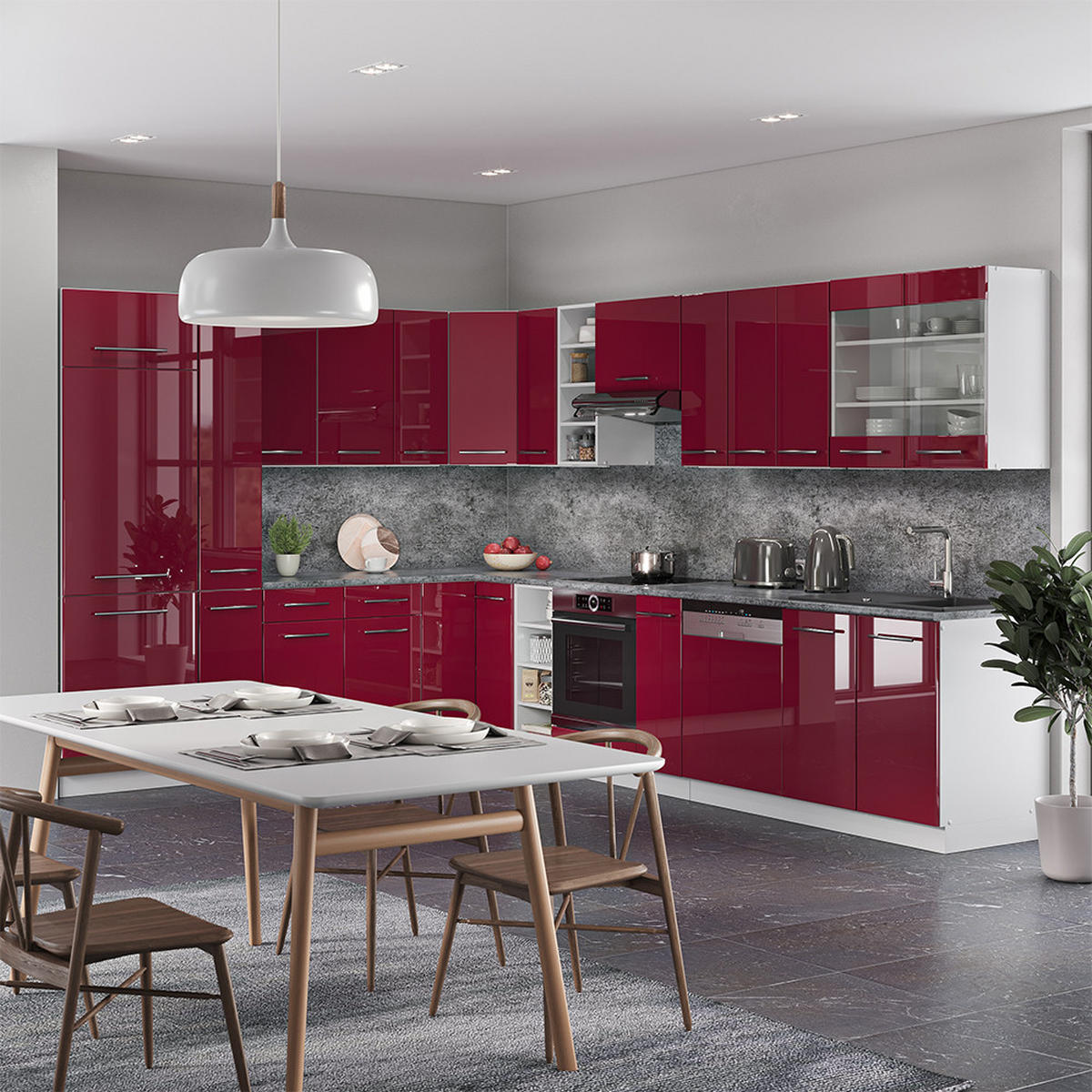 ECKKÜCHE Fame-Line Bordeaux Hochglanz/Weiß 347 x 257 cm, AP Marmor - Bordeaux/Weiß, Holzwerkstoff (347/81.6/60cm) - Vicco
