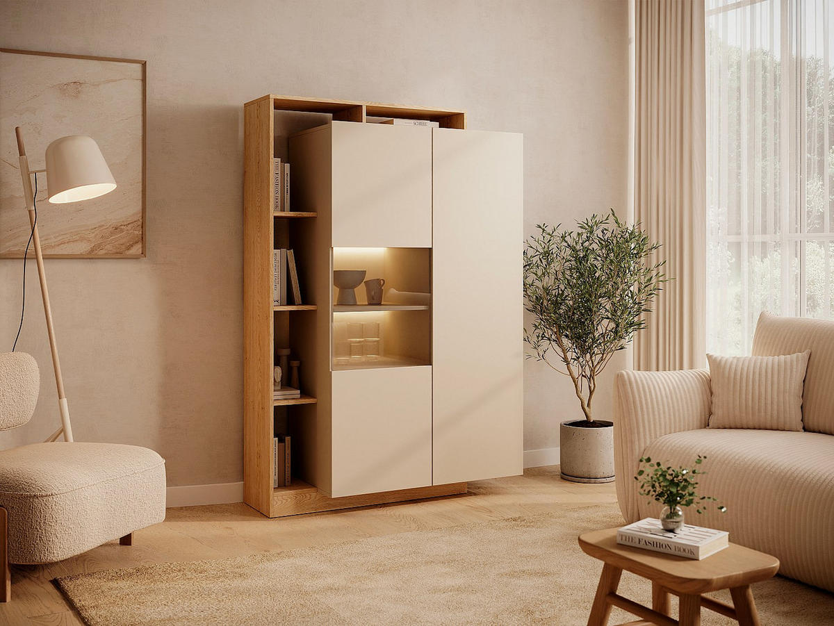 VITRINENSCHRANK - 110 x 43.6 - holz - beige, naturfarben hell Idesia - Beige/Naturfarben, Glas/Holz (110/165.2/43.6cm) - Vente-Unique