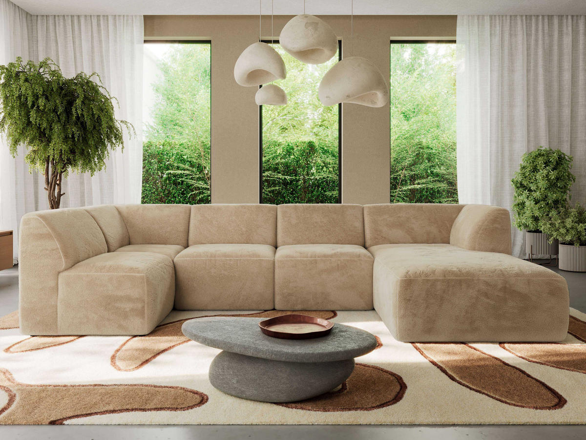WOHNLANDSCHAFT MODARO U 5M - Beige Plüsch - Rechts - Beige/Schwarz, Textil (345/78/180cm) - MKS