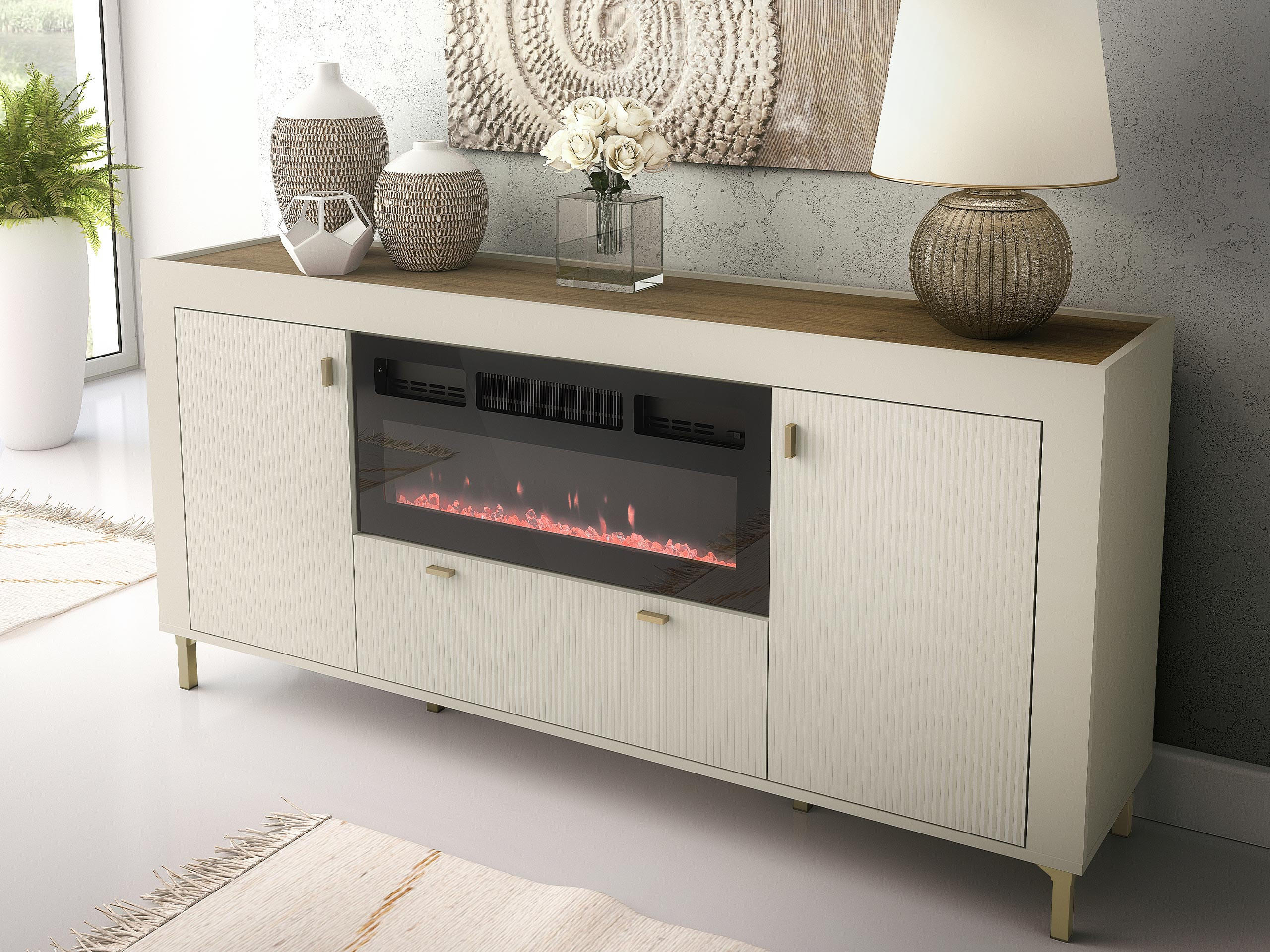 SIDEBOARD Mossa 2D1S MO07 mit Kamin - Kaschmir/Goldfarben, Holzwerkstoff/Kunststoff (177/84/40cm) - MIRJAN24