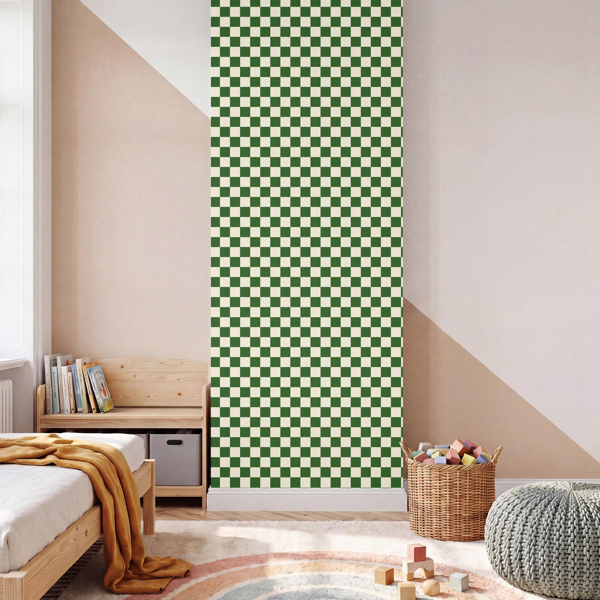 KINDERTAPETE - Schachbrett - Muster - Grün - 100x260 cm - Grün, Papier (100/260cm) - OnlyWow