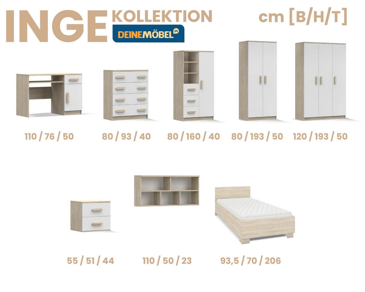 KINDERKLEIDERSCHRANK INGE 19 120/192/50 cm Weiß+Sonoma/Grün - Weiß/Sonoma Eiche, Holzwerkstoff (120/192/50cm) - Deine Möbel 24