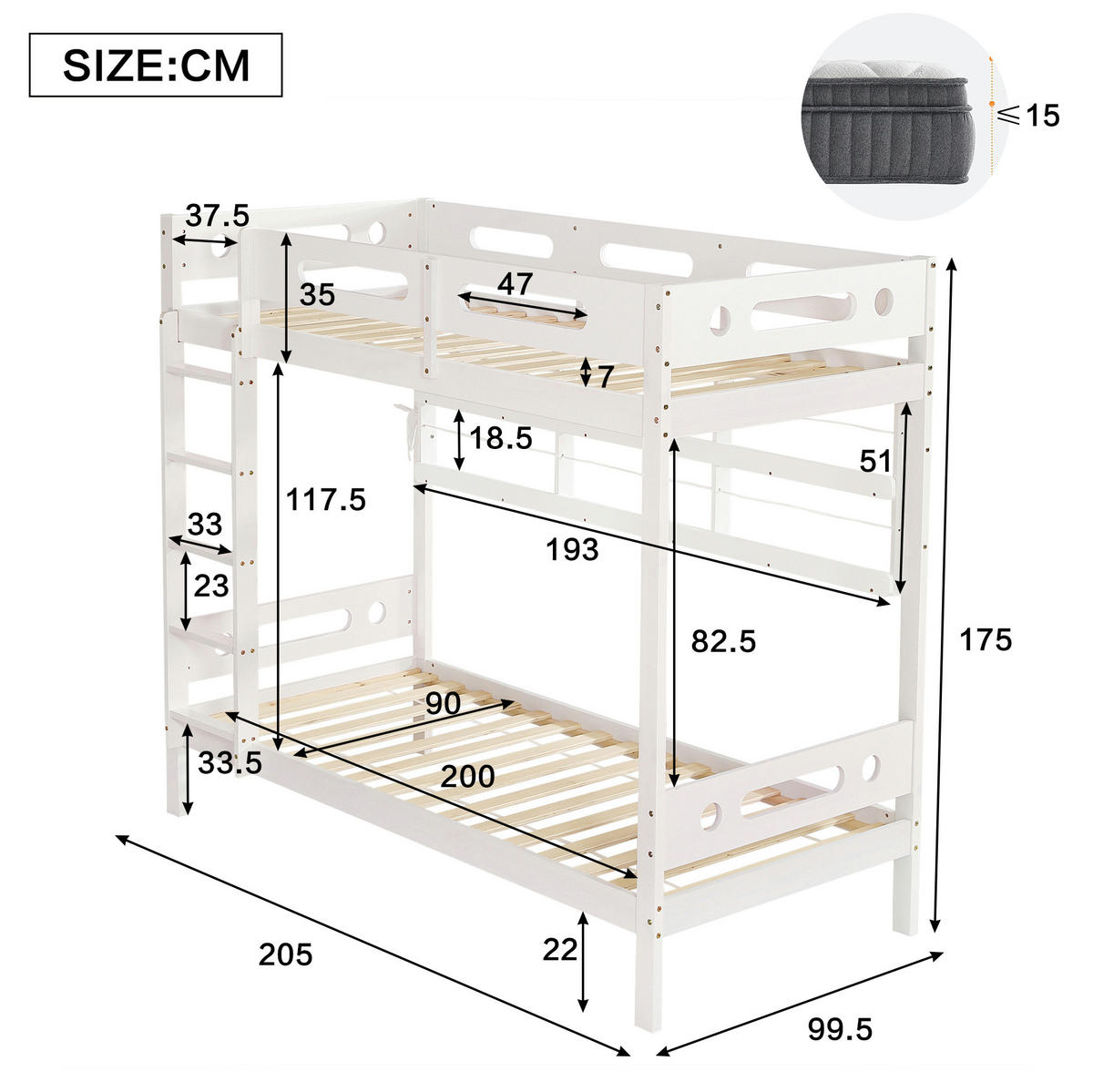 KATNI krevet od masivnog drva i MDF-a 90x200 cm bijela/prirodna s otvorenim policama, 5-stupanjskim ljestvama i ogradom - bijela, drvni materijal (90/200cm) - Modfu