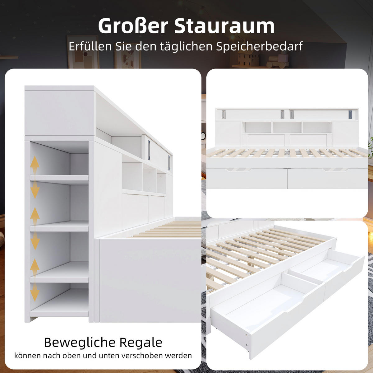 KINDERBETT aus MDF 90x200 cm Weiß mit Schubladen, Schiebetürschrank und Regal - Weiß, Holzwerkstoff (90/200cm) - IVMEU