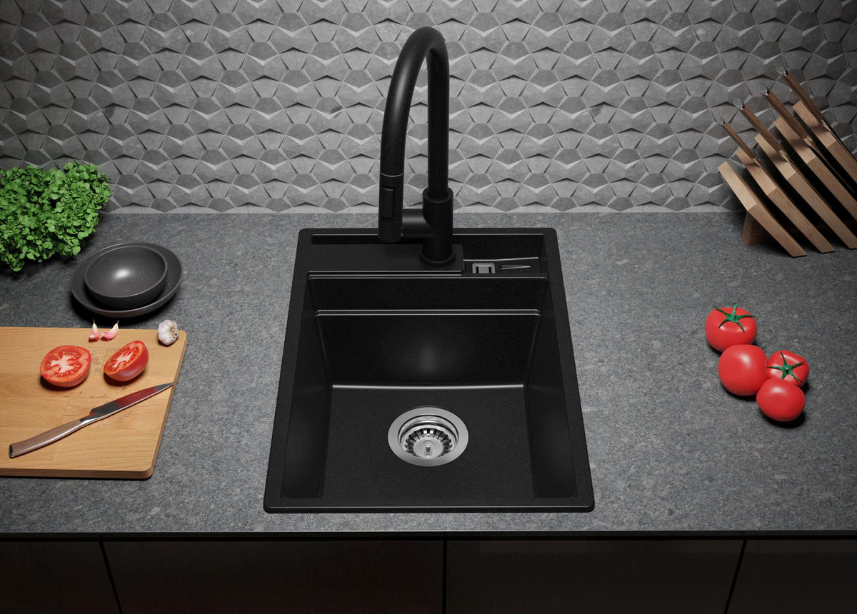 SPÜLBECKEN Oslo Pocket, 2-er set Alles Schwarz 38/53 cm 1 Becken + Ablauf-Set + Küchenzubehörset ab 40er Unterschrank - Schwarz, Kunststoff (38/20/53cm) - Primagran