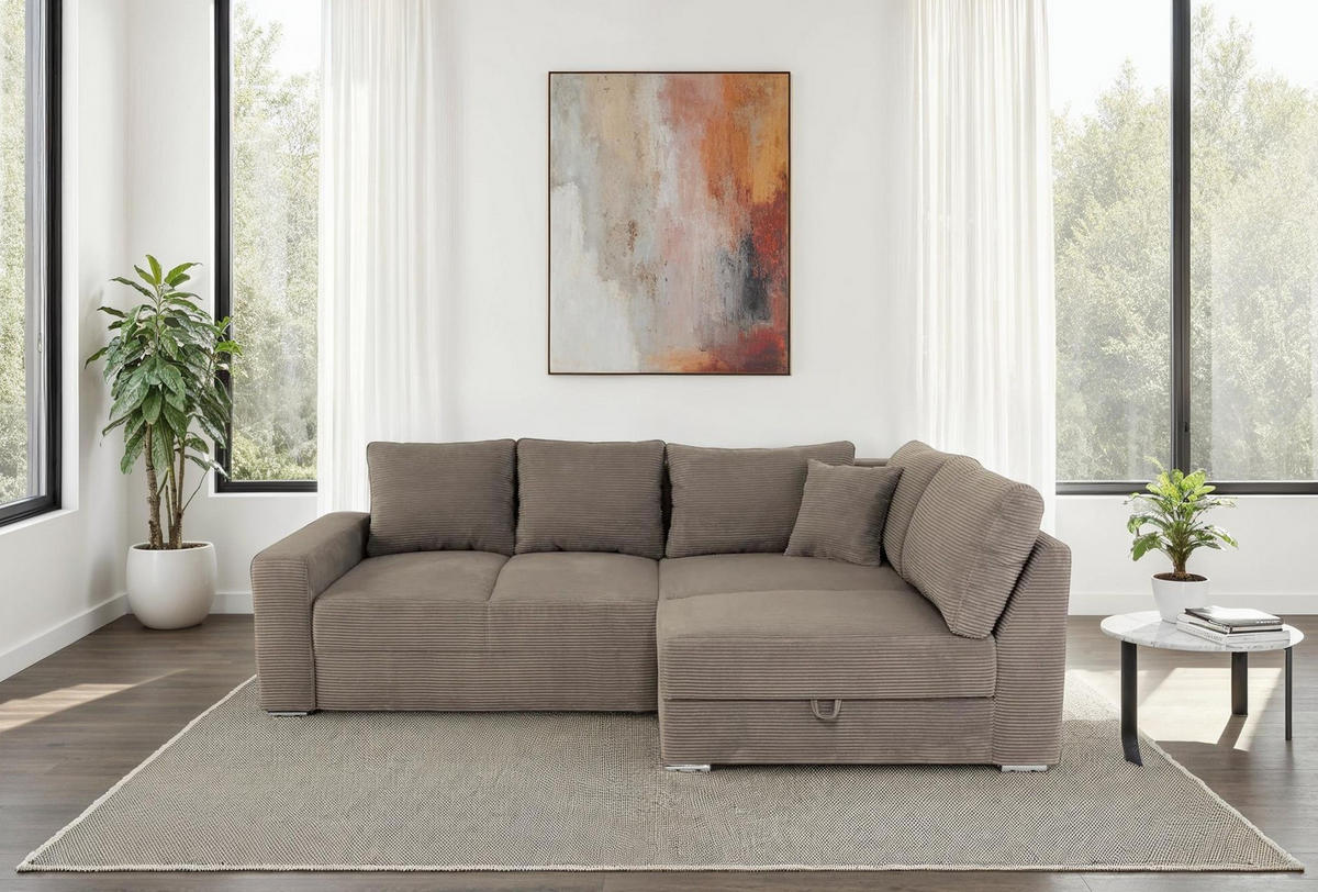 ECKSOFA-DAUERSCHLÄFER Boxspring Federkern Topper Bettkasten, seitenverkehrt montierbar B260/T181/H88 cm, Cord Braun Taupe / 15234 - Taupe/Chromfarben, Textil/Metall (260/181cm) - luma-home
