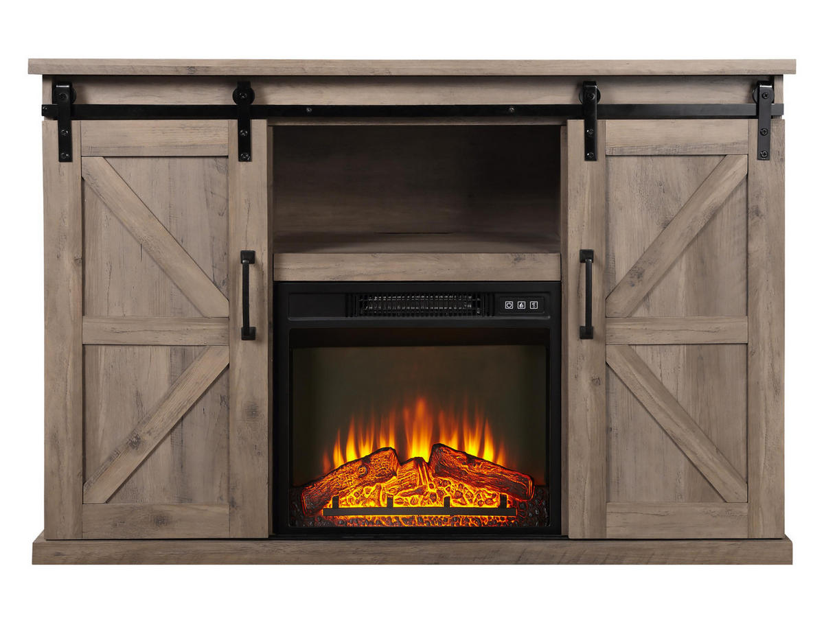 ELEKTROKAMIN in rustikaler Anrichte Hellbraun mit elektrischem Kamin und Heizung 2000 W - Hellbraun, Glas (137/82/40cm) - Purline