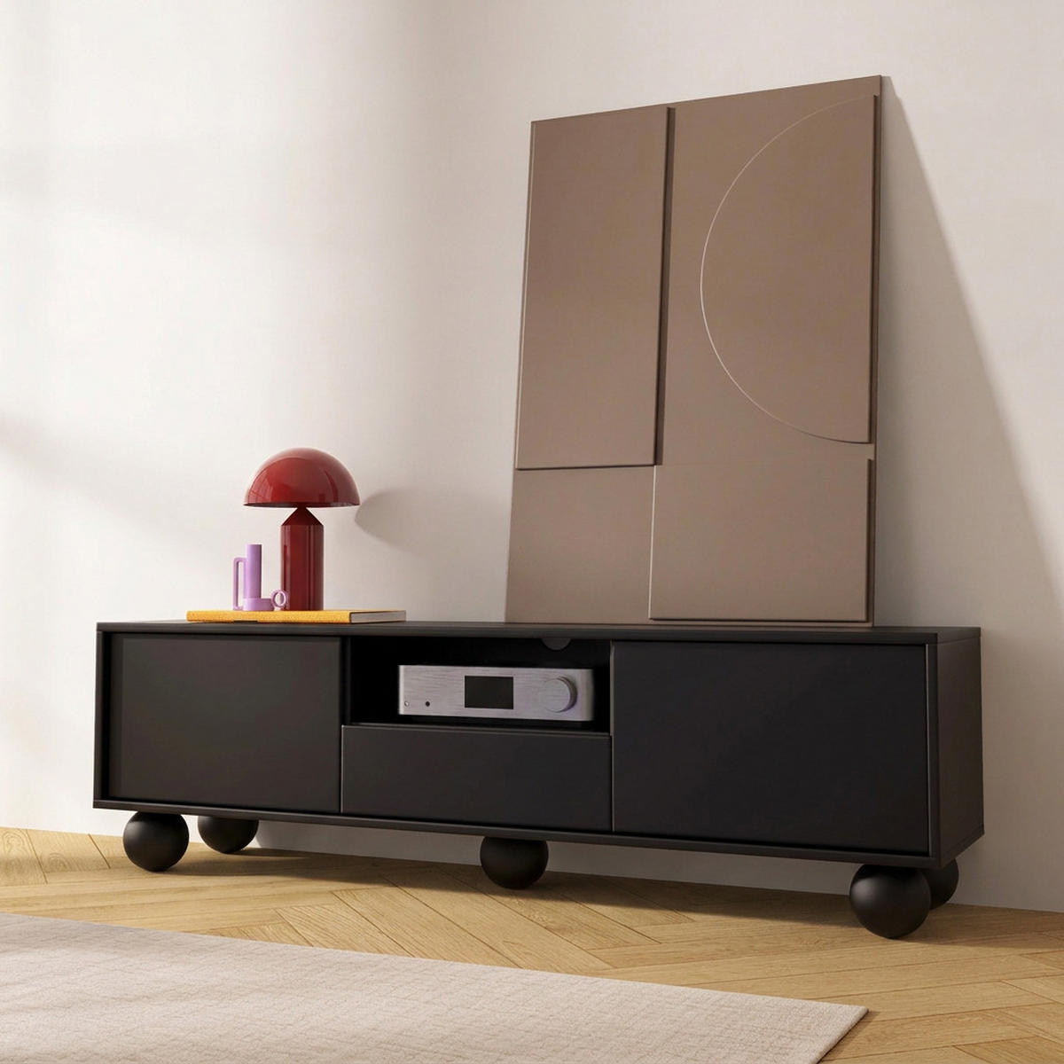 LOWBOARD Adel mit 2 Türen 1 Schublade und runden Füßen, 154 cm, Griffloss, Schwarz - Schwarz, Holzwerkstoff (154/46/38cm) - Beautysofa