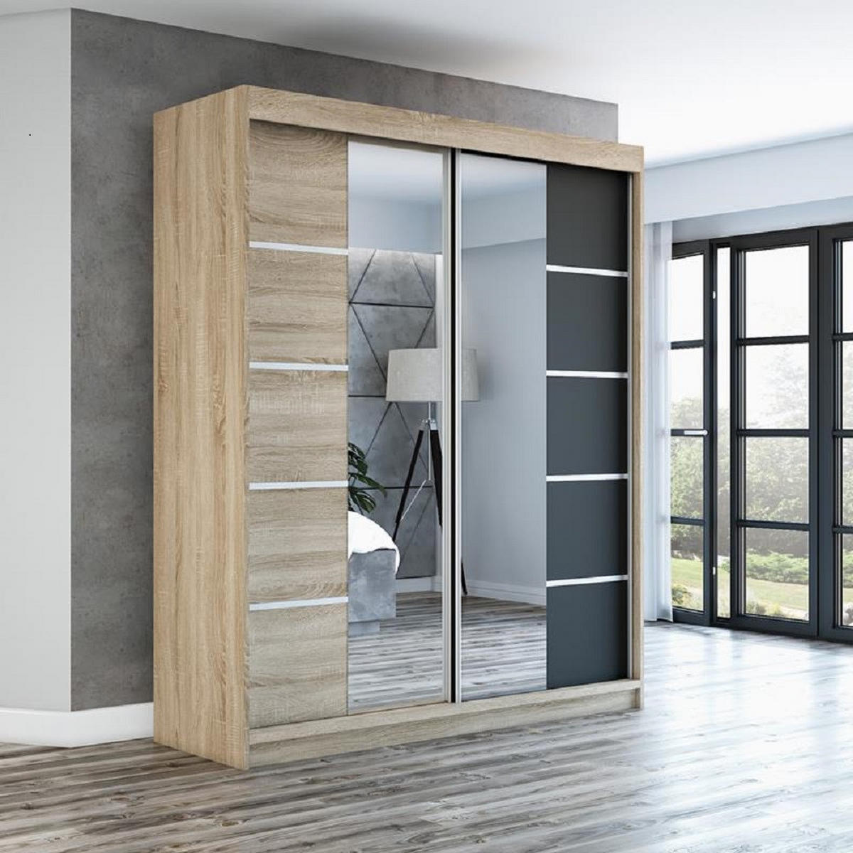 SCHWEBETÜRENSCHRANK 180 cm KOMFORT Farbe:Sonoma,schwarz - Schwarz/Braun, Holzwerkstoff (180/215/59.5cm) - A&J MöbelLand