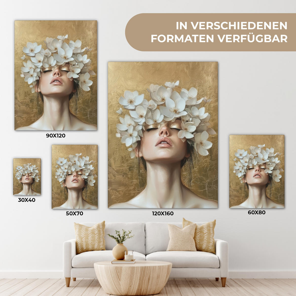 LEINWANDBILD Gesicht - Blumen - Gold - Abstrakt Wandbild Wohnzimmer 60x80 cm - Goldfarben, Textil (60/80cm) - MuchoWow