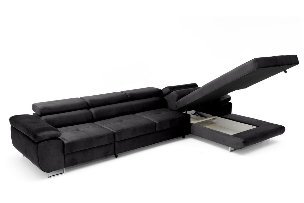 ECKSOFA ALONZO MAXI Rechts mit Schlaffunktion 125x195 Velours Schwarz - Silberfarben/Schwarz, Holz/Textil (203/350cm) - Muffo