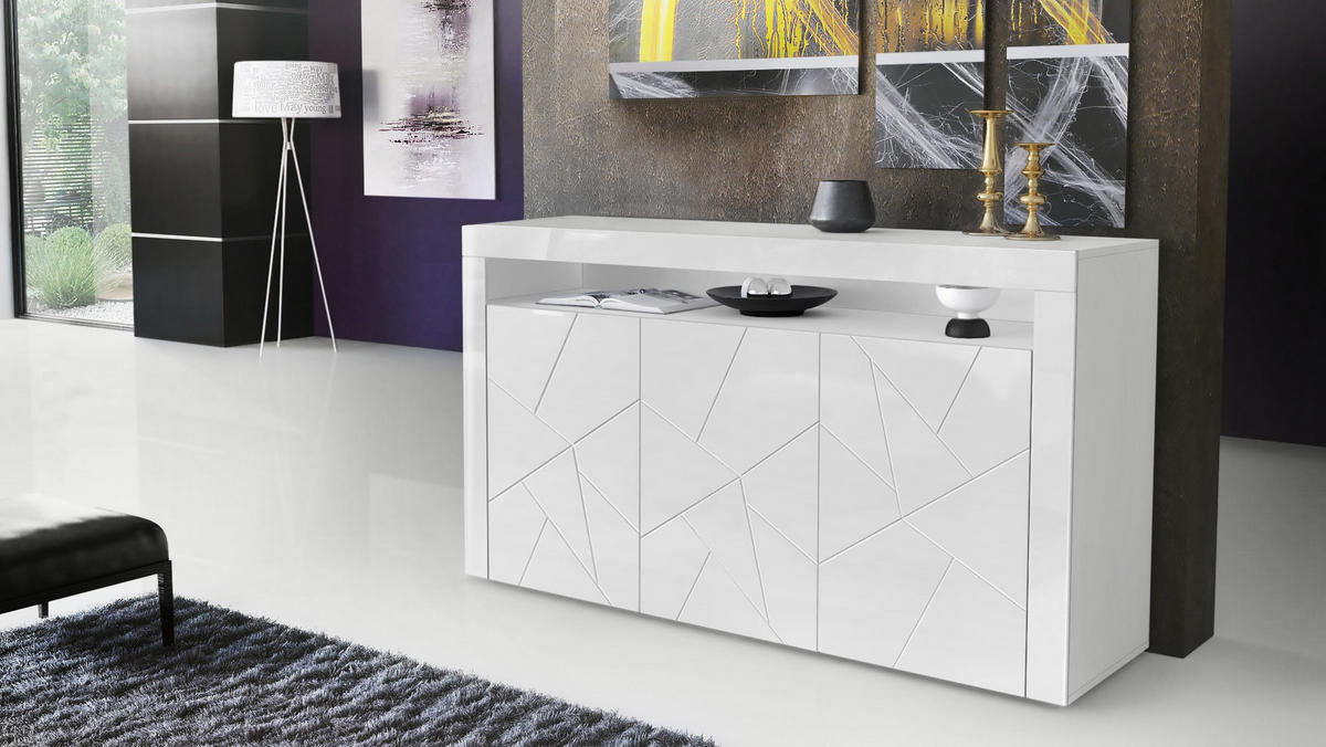 SIDEBOARD Valencia Fronten in Weiß Hochglanz Element mit 3D Struktur - Opal, Holzwerkstoff (155/46/40cm) - Vladon