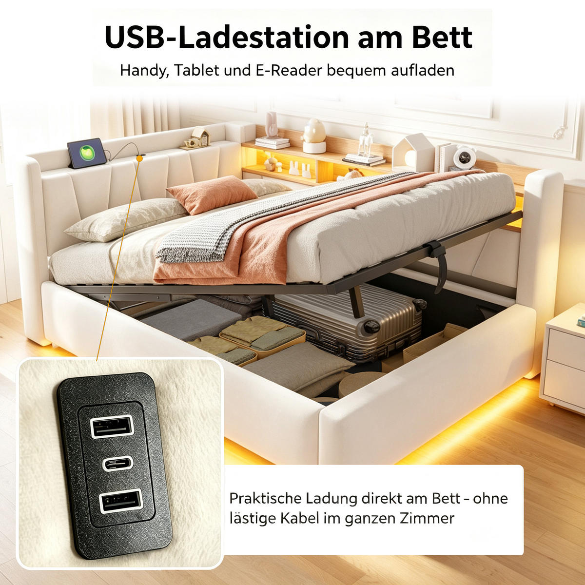 BOXBETT 140/200 mit LED/Regal/USB/Bettkasten, Samt, Beige - Beige, Holz (140/200cm) - LVHOM