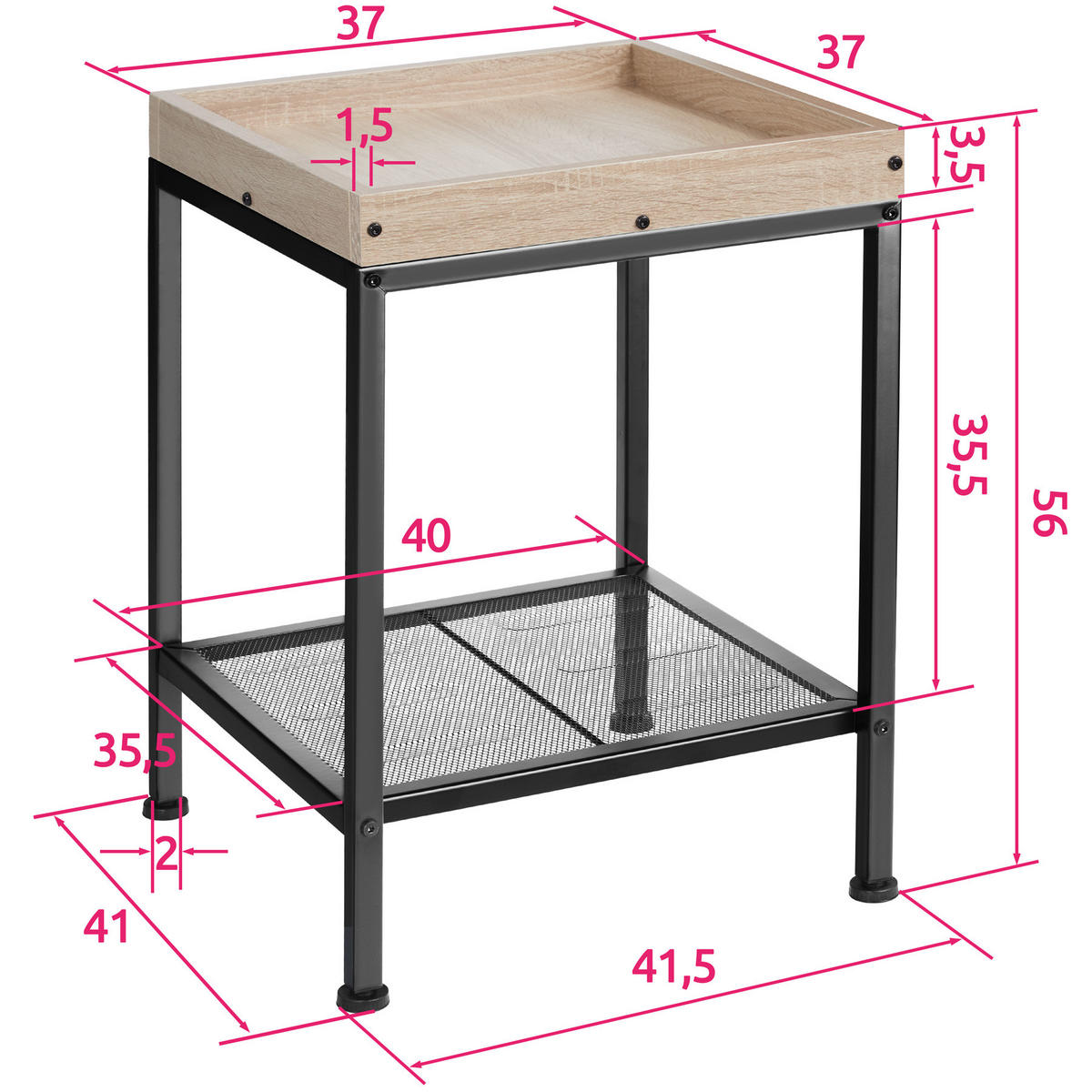 BEISTELLTISCH Rochester,41,5 x 41 x 56 cm,Industrial Holz hell, Eiche Sonoma - Naturfarben, Holz (41.5/41/56cm) - tectake