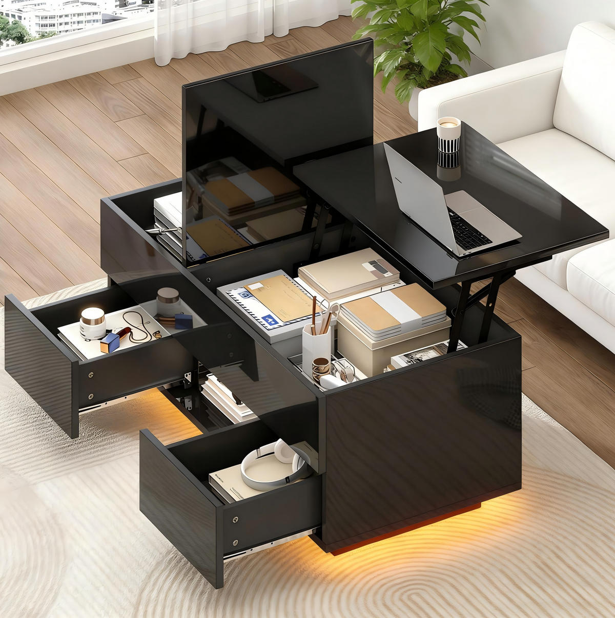 COUCHTISCH höhenverstellbar 100 x 45 x 43 cm Hochglanz Schwarz mit 2 Schubladen - Schwarz, Holzwerkstoff (100/45/43cm) - Meubliv
