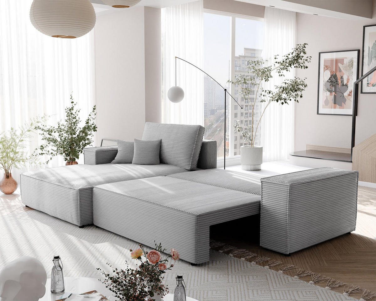 ECKSOFA NOVA mit Schlaffunktion und Bettkasten Hellgrau - Hellgrau, Holzwerkstoff/Kunststoff (250/90cm) - Idohome