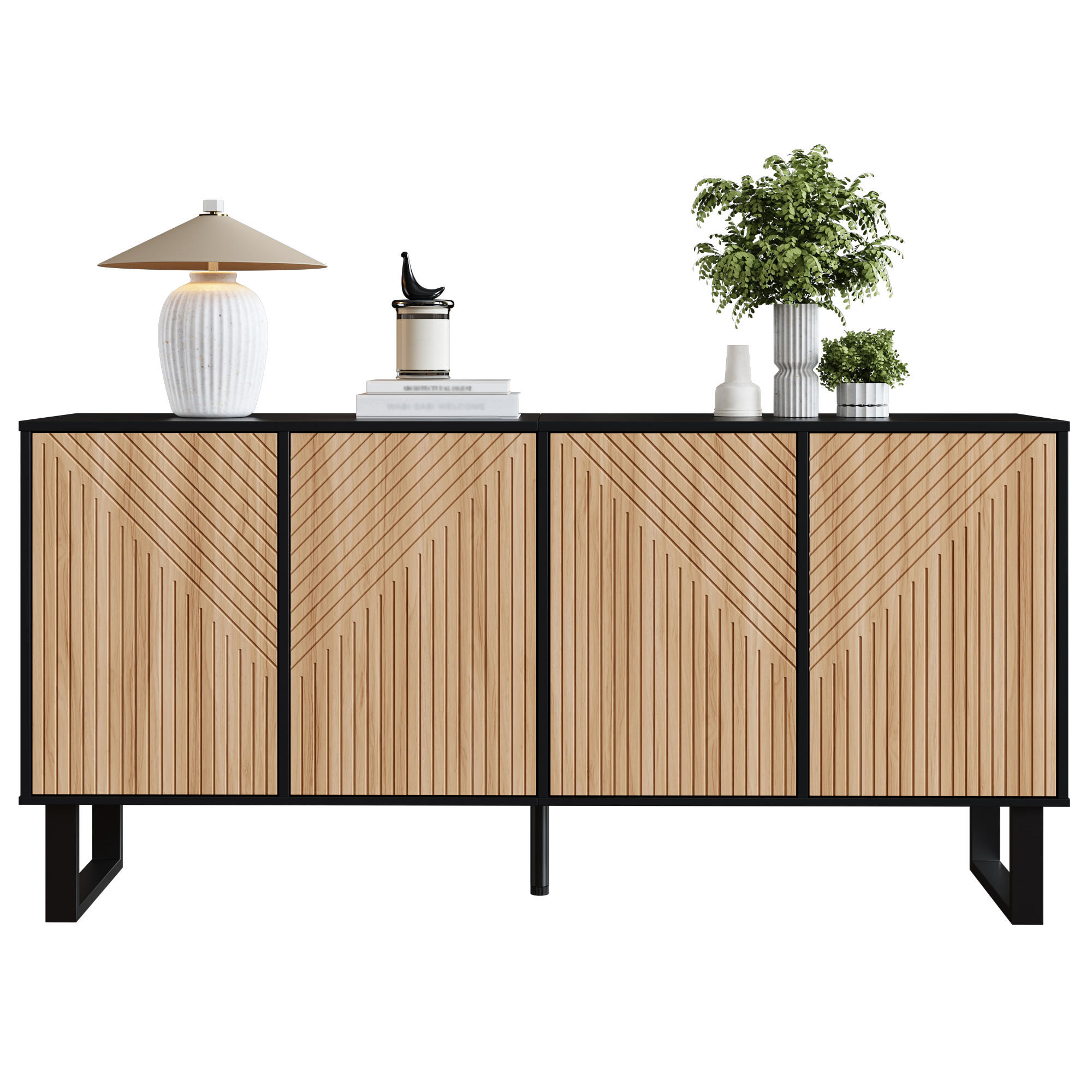 SIDEBOARD Schwarz Holzmaserung 3D-Streifen Extra Stauraum - Schwarz, Holzwerkstoff (38/75/160cm) - FLIEKS