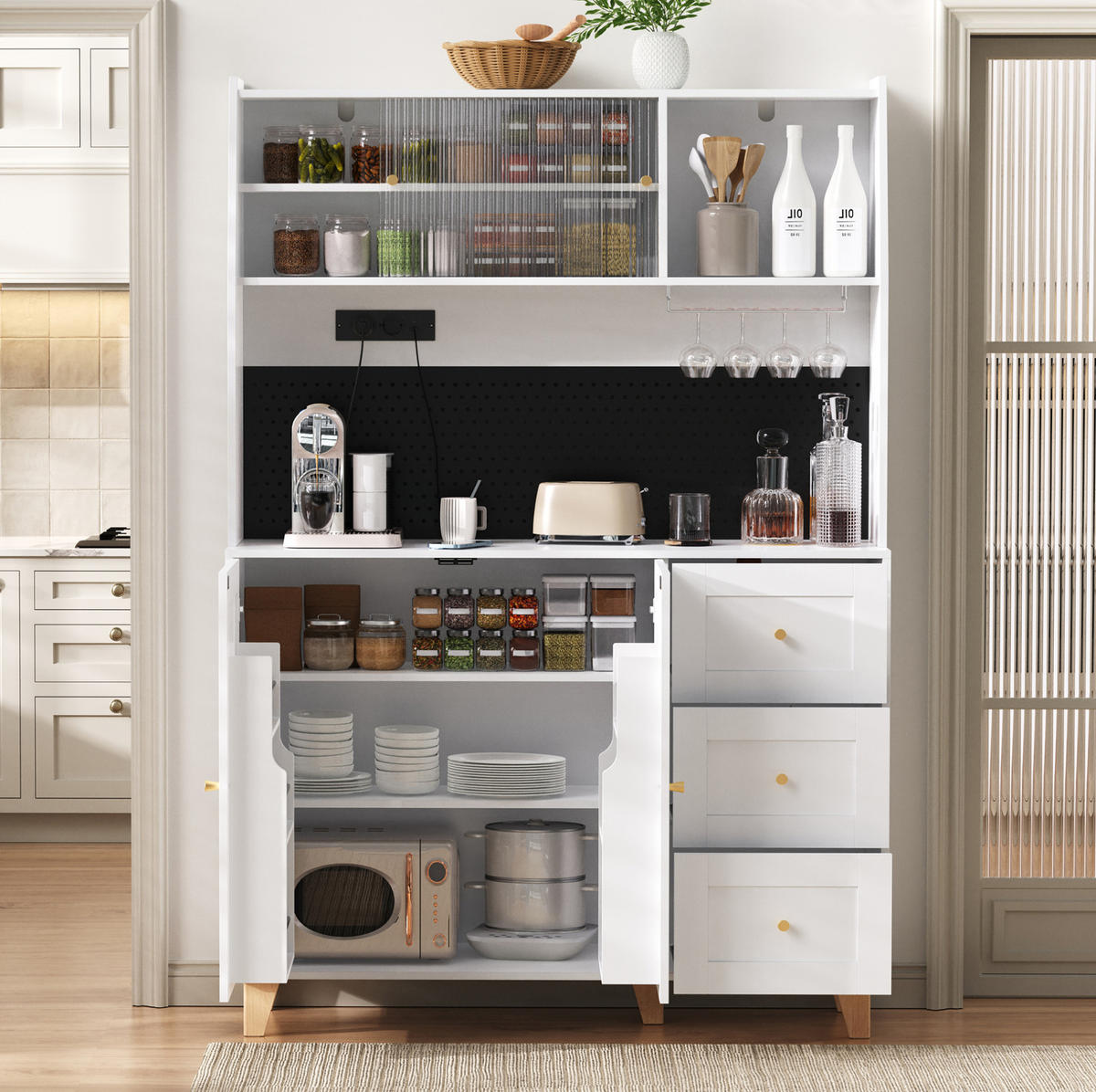 BUFFET 120x40x184 cm Weiß mit Fluted Glas & Ladestation - Weiß, Holzwerkstoff (120/184/40cm) - Modfu