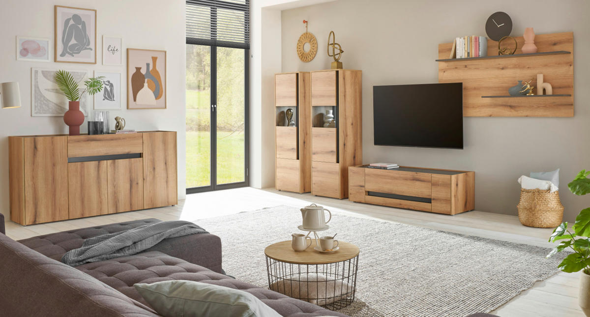 SIDEBOARD Eiche Evoke, grau 170 cm, Kommode 4-türig - Eichefarben/Schwarz, Holz/Holzwerkstoff (170/87/40cm) - Furn.Design