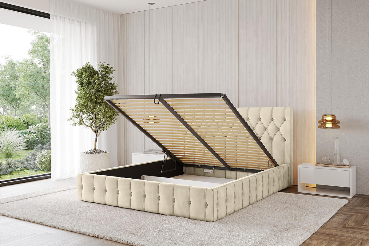 POLSTERBETT mit Bettkasten und Lattenrost, Boxbett ohne Matratze - LARO 120x200 Beige - Ecru, Holzwerkstoff/Textil (120/200cm) - ALTDECOR