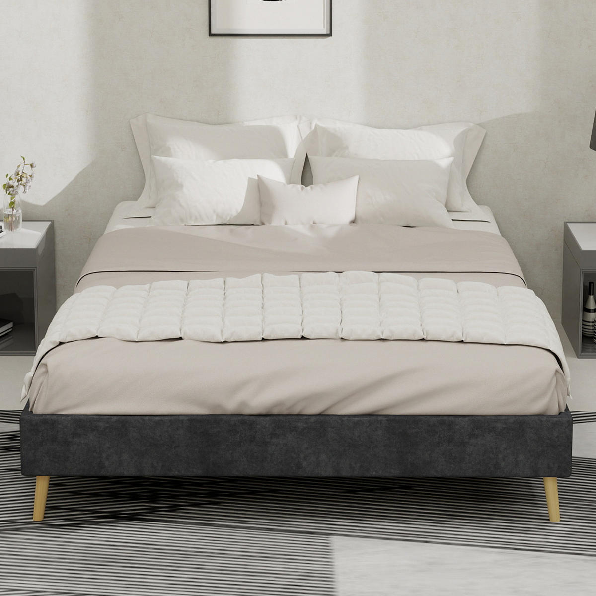 POSTEĽ 140/200 cm sivá s nízkym rámom z tkaniny a kovu - sivá, textil (140/200cm) - OKWISH