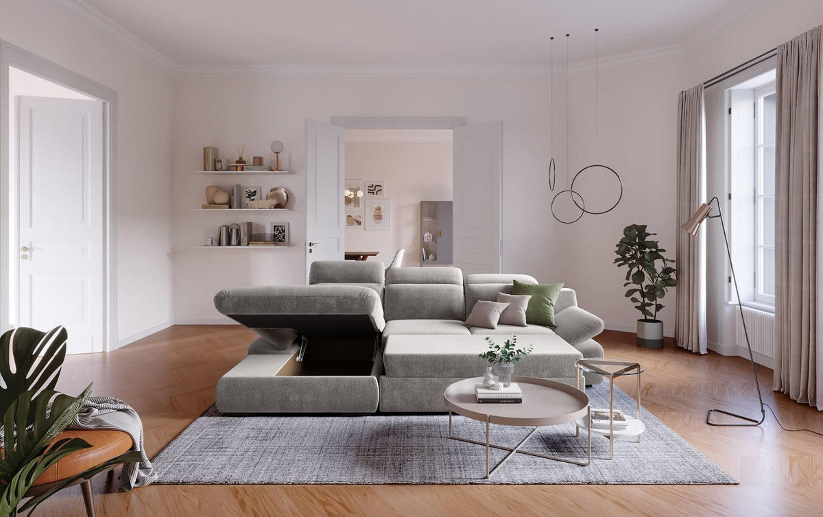 ECKSOFA mit Schlaffunktion und Bettkasten - Hellgrau, Kunststoff/Textil (276/168cm) - Cotta