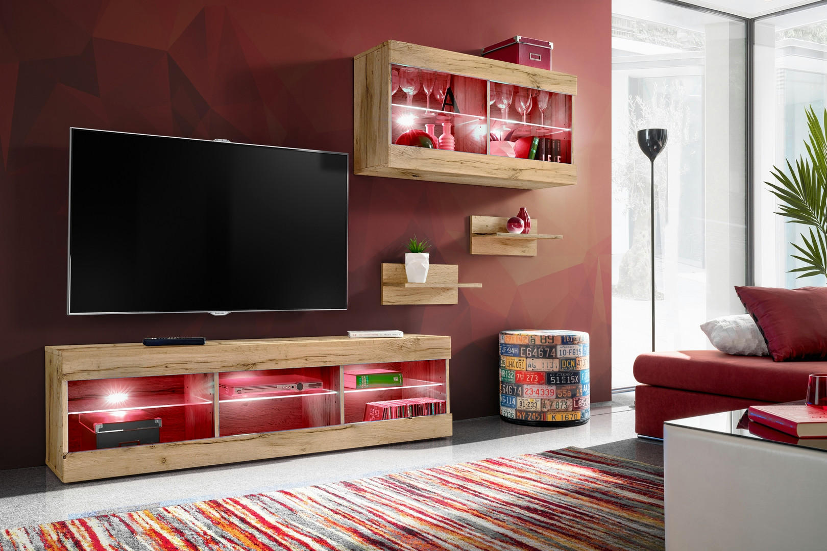 Thumbnail - Komodee Wohnwand, Eiche Wotan, Eiche Wotan, Glas, Holzwerkstoff, 5 Fächer, 240x195x35 cm, Wohnzimmer, Wohnwände, Anbauwä...