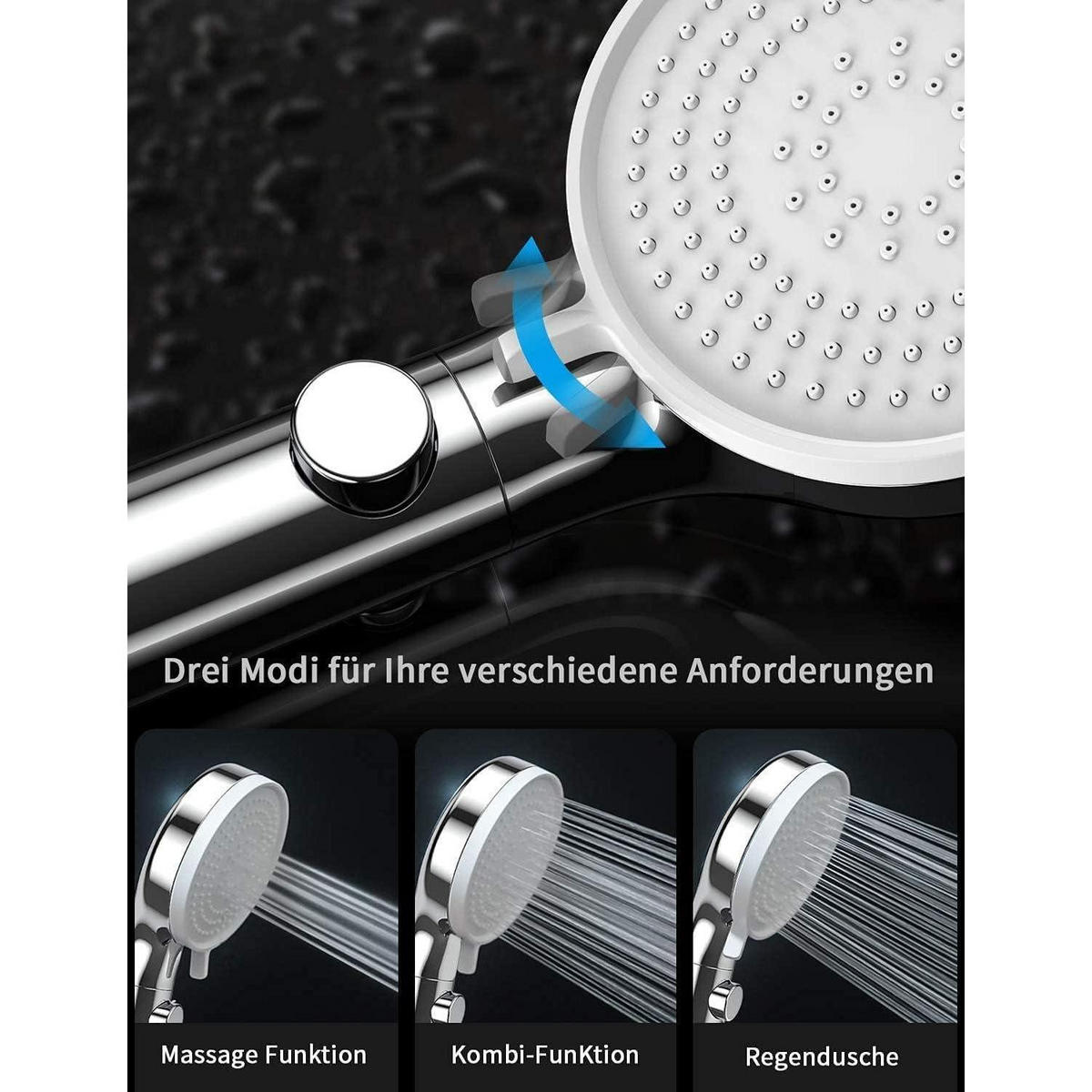 HANDBRAUSE mit Stoppfunktion Chrom 3 Strahlarten - Silberfarben, Metall (4/24.5/9cm)