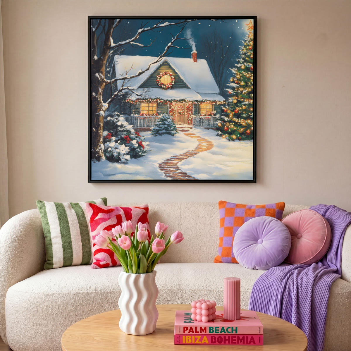 LEINWAND Bilder mit Rahmen - Weihnachten - Weihnachtsbaum - Winter - Zuhause - Schnee - 90x90 - Smaragdgrün, Textil (90/90cm) - MuchoWow