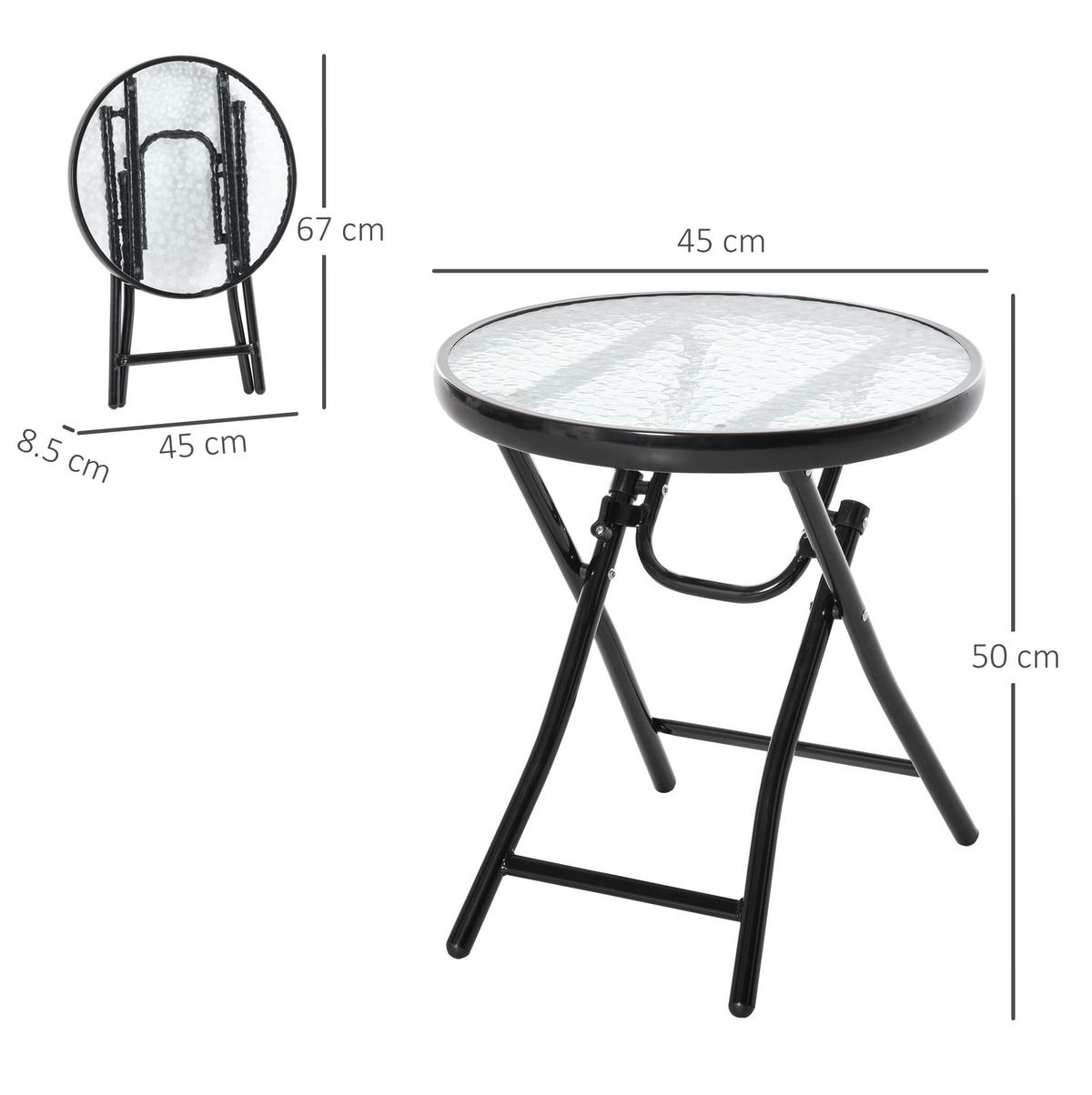 BALKONTISCH Ø45/50 cm klappbar mit Sicherheitsverschluss und Glasplatte aus Metall, Schwarz - Schwarz, Metall (40/40/50cm) - Redom