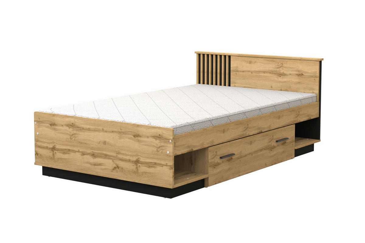 JUGENDBETT LAMI 20 120/200 cm in Wotan Eiche / Schwarz Matt mit Lamellen - Eiche Wotan/Schwarz, Holzwerkstoff (120/200cm) - Deine Möbel 24