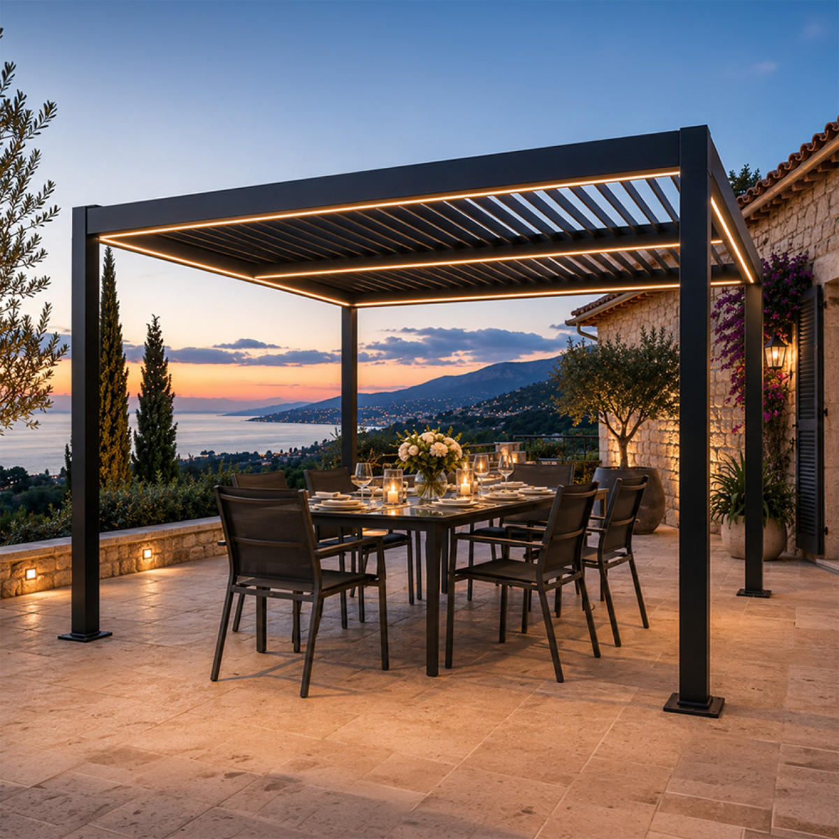 PERGOLA Corfu Schwarz Bioklimatisch 3 x 3 m Aus Aluminium Mit Led - Schwarz, Metall (300/236/300cm) - Concept Usine