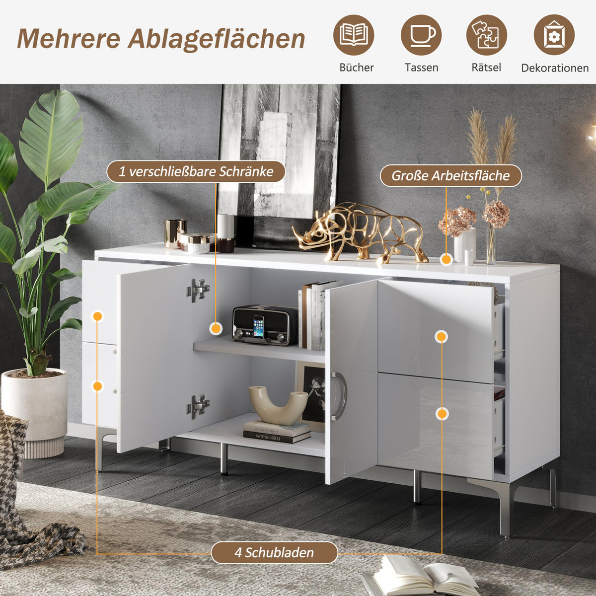 SIDEBOARD 150/38/59,5 cm in Weiß Hochglanz mit 4 Schubladen und 2 Türen - Weiß, Holzwerkstoff (150/59.5/38cm) - Flora Grace