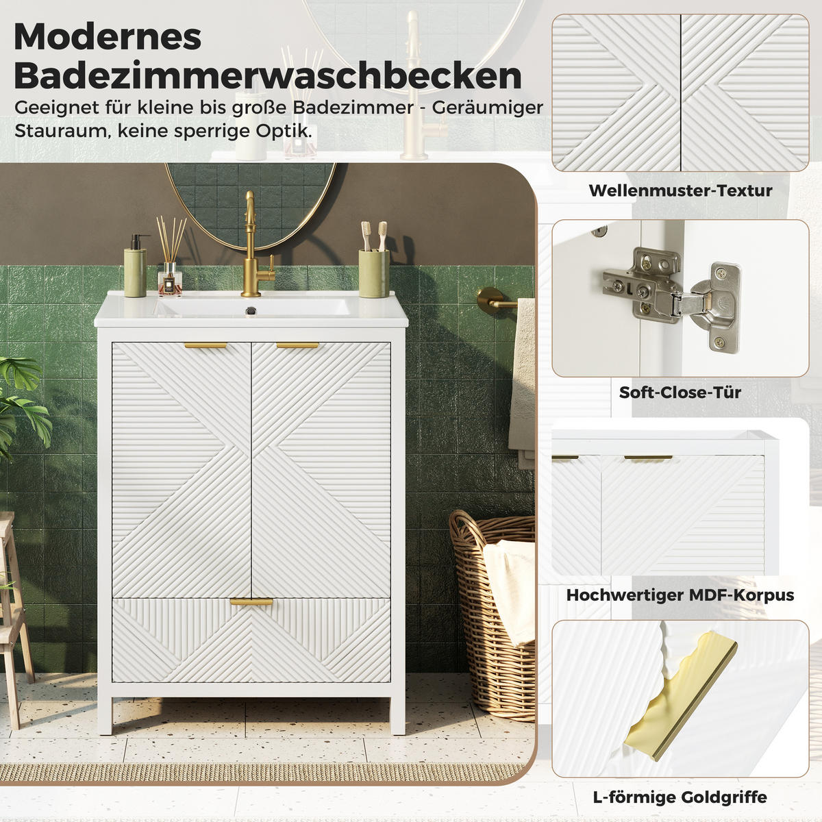 BAD-WASCHTISCHUNTERSCHRANK Weiß mit Keramikbecken - Weiß, Holzwerkstoff (61/87/47cm) - Urban Meuble