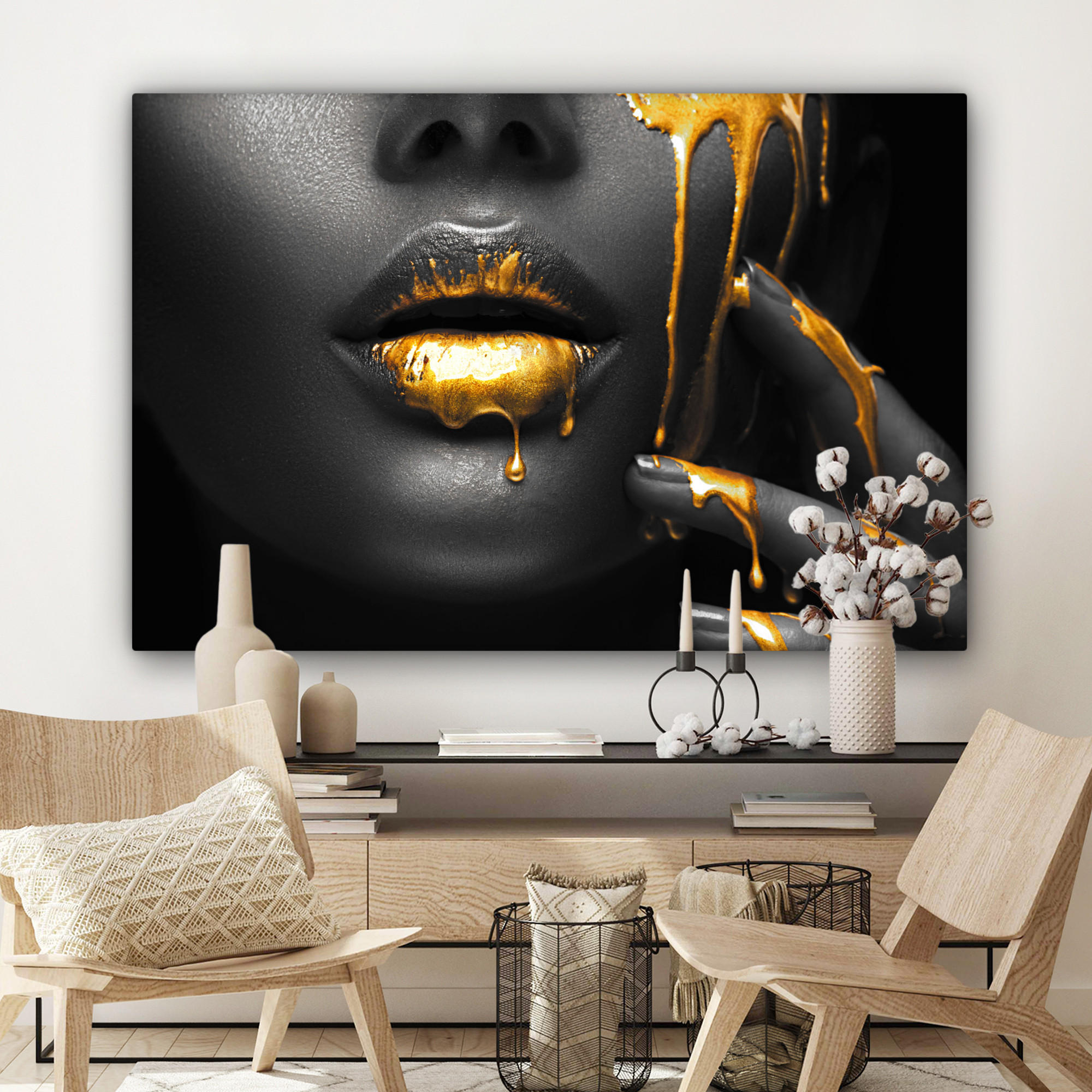 LEINWANDBILD Frau - Schwarz - Gold - Gesicht - Lippen Groß 140x90 cm - Goldfarben, Textil (140/90cm) - MuchoWow