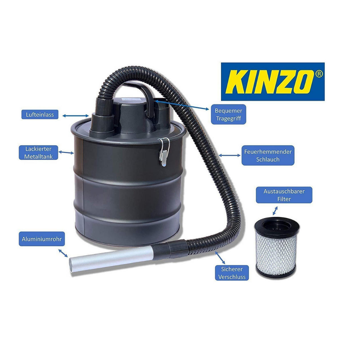 ASCHESAUGER 18L 800W mit HEPA Filter - Schwarz, Metall (28/35/28cm) - Kinzo