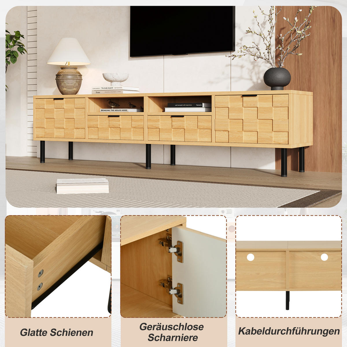 TV STOLEK v přírodní barvě se 2 zásuvkami a 2 otočnými dvířky do obývacího pokoje, 200×35×44,5 cm - přírodní/černá, kompozitní dřevo (200/44.5/35cm) - STILVORA