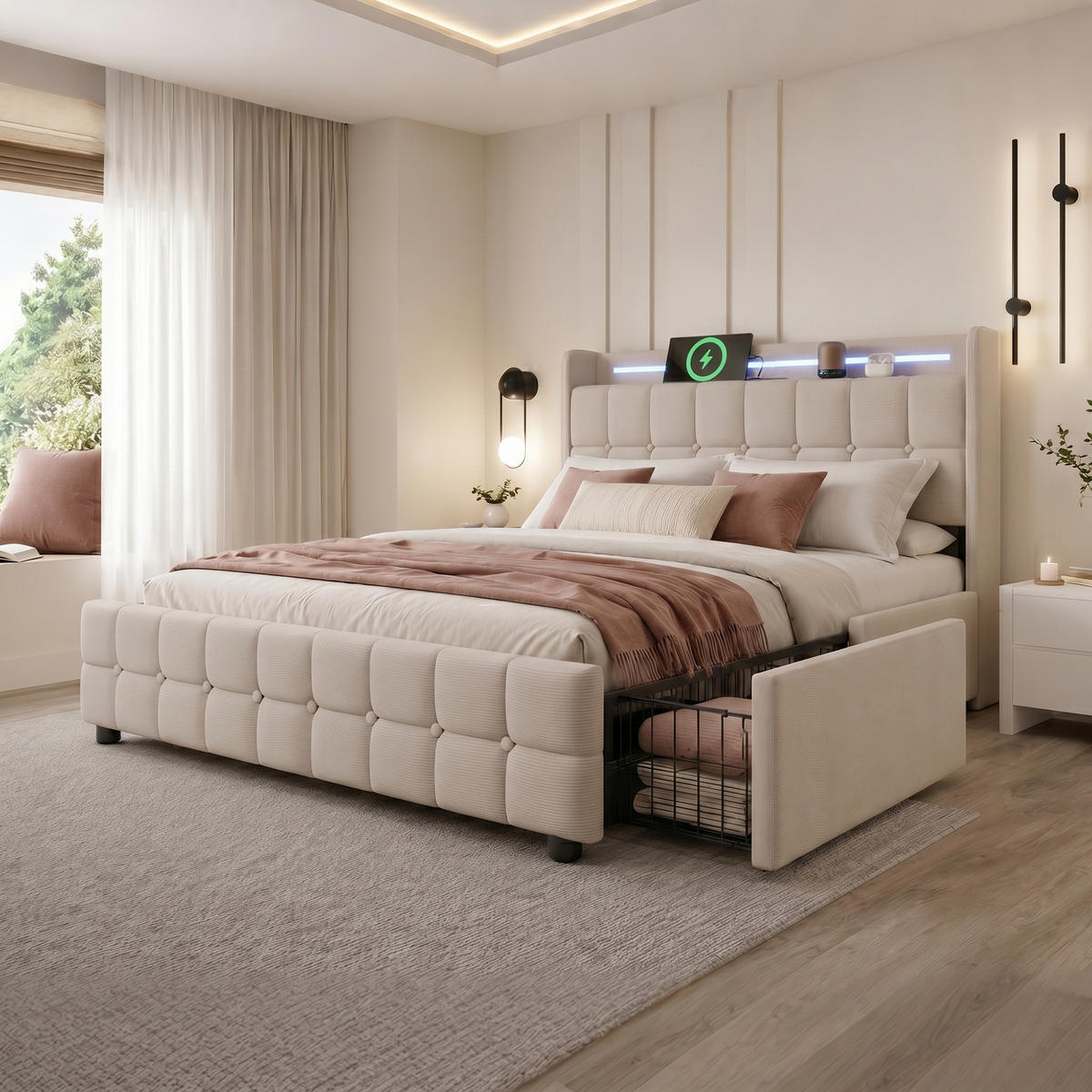 POLSTERBETT 160x200 Beige LED USB 4 Schubladen Holz - Beige, Holz (160/200cm) - FLIEKS