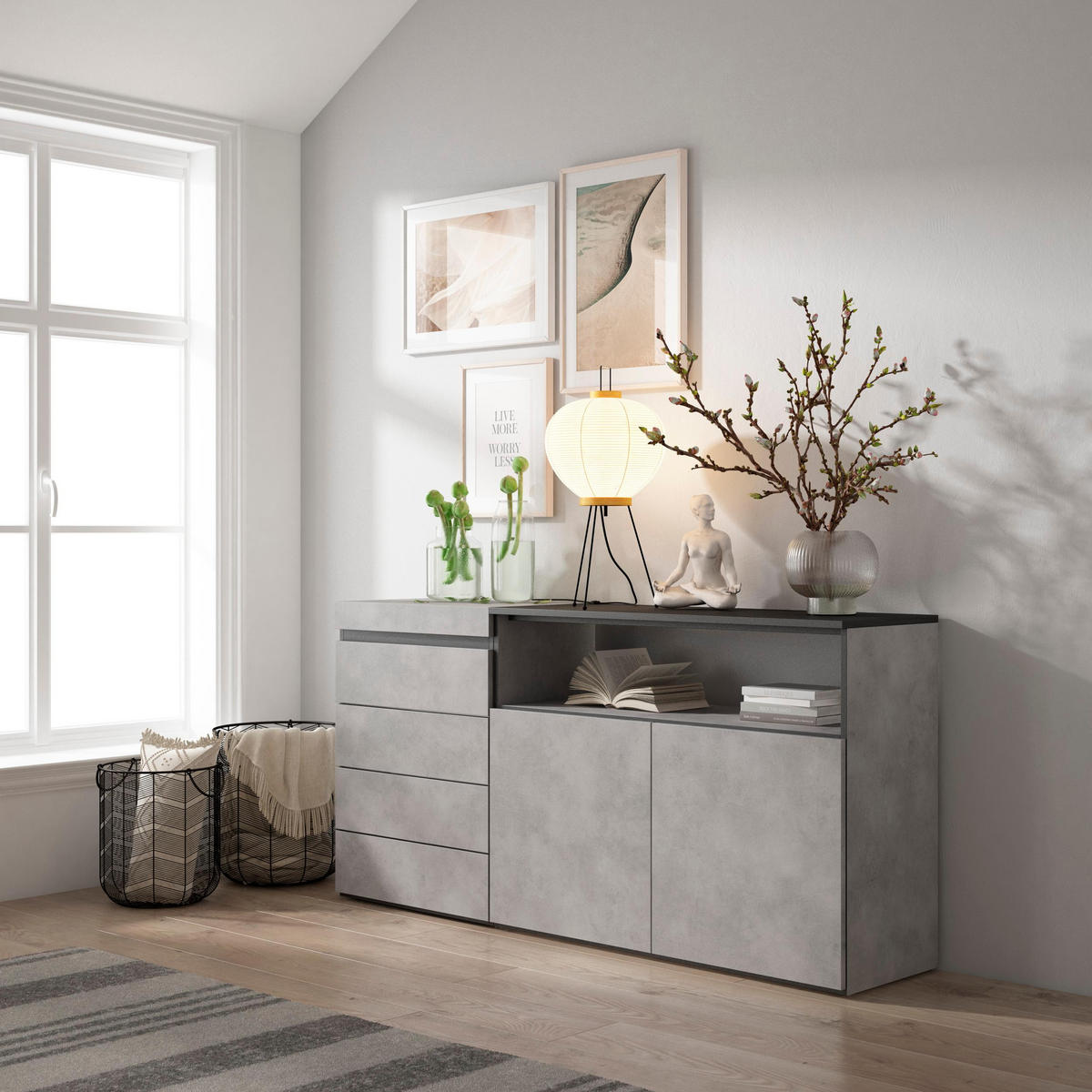 KOMMODE mit Schubladen, Sideboard Schrank, zementgrau, 158/35/75cm - Grau, Holzwerkstoff (158/75/35cm) - Skraut Home