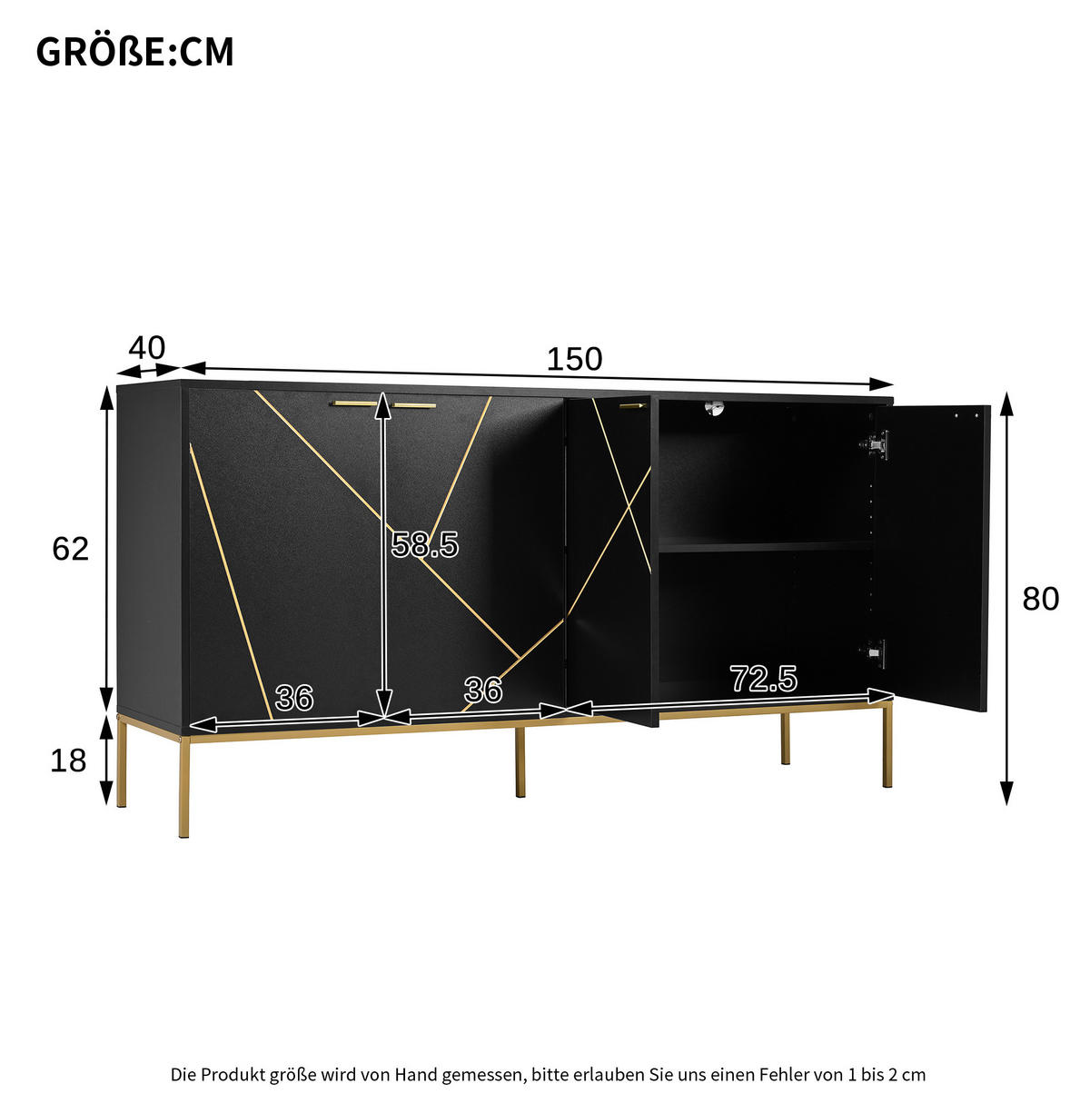 SIDEBOARD 150/80/40 cm Schwarz aus Spanplatte und MDF mit verstellbarem Einlegeboden - Schwarz, Holzwerkstoff (40/80/150cm) - OKMYHOME