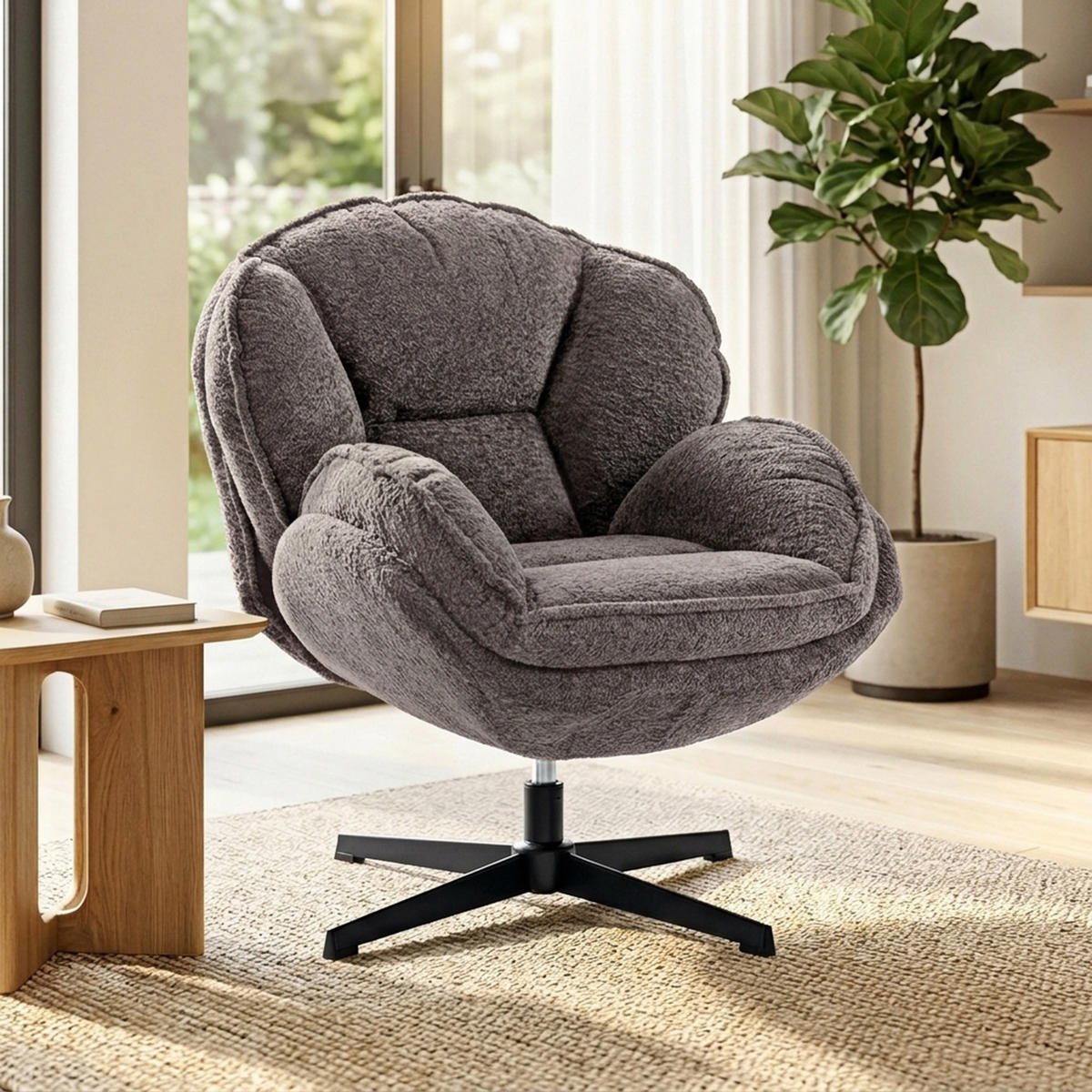 WINGBACK-SESSEL DE-06919 Samt, Vier-Sterne-Basis & 360° Drehung Grau - Grau, Textil/Metall (76/88/86cm) - ComfortXL