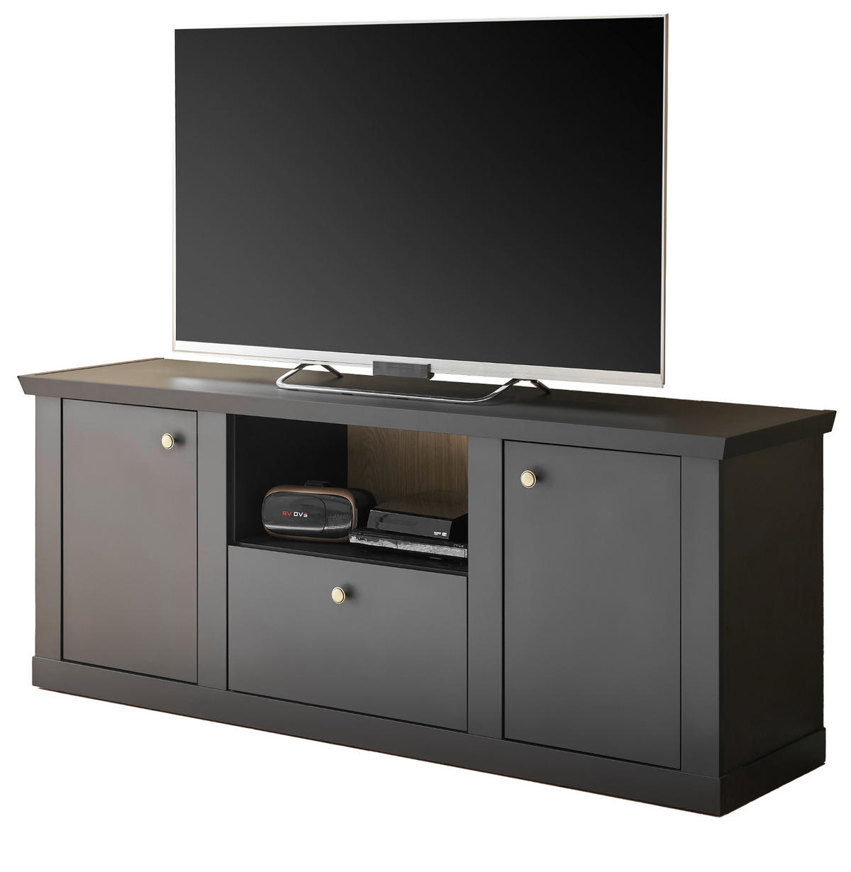 TV-LOWBOARD schwarz matt, Eiche Landhaus 158 cm, TV Unterteil mit Soft-Close - Eichefarben/Messingfarben, Holzwerkstoff/Metall (158/62/42cm) - Furn.Design