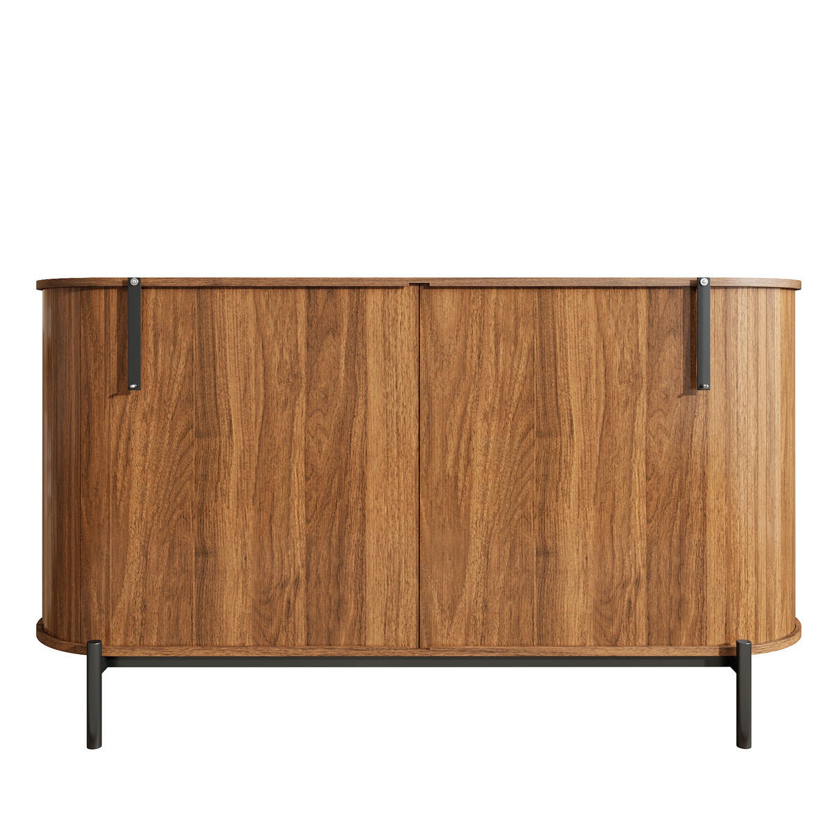 SIDEBOARD in Holzoptik Ovaler Aufbewahrungsschrank mit verstellbare Einlegeböden und Schiebetüren, B140/T38/H77,5(cm) - Schwarz/Braun, Holzwerkstoff/Metall (140/77.5/38cm) - STILVORA