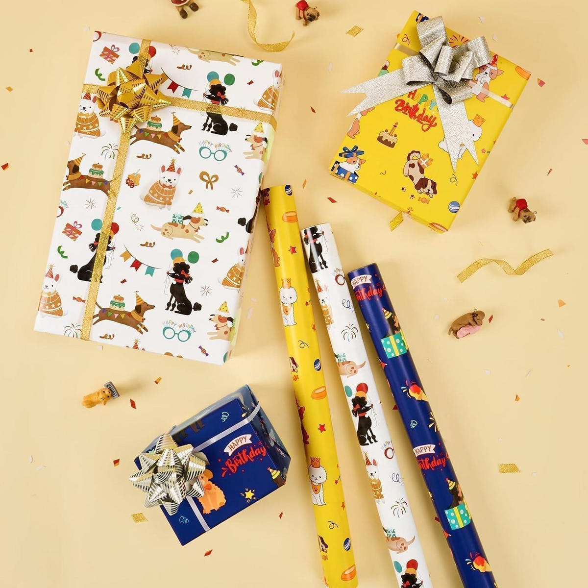 GESCHENKPAPIER 3 Rollen Set Hunde Motiv 43 cm x 3 m - Multicolor, Papier (43/43/305cm)